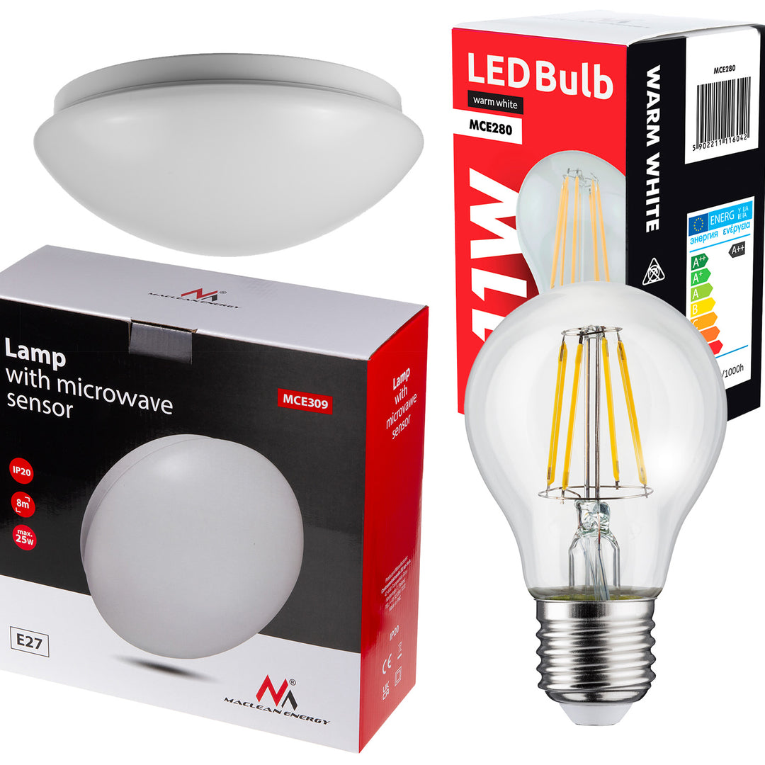 Sufitowa lampa 1xE27 z czujnikiem Maclean, czujnik mikrofalowy, klosz PMMA, max. obciążenie 25W, IP20, MCE309 + Żarówka MCE280 WW