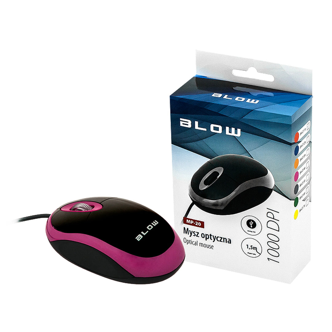 Mysz optyczna Blow, USB, 1000 DPI, uniwersalna, różowa, MP-20