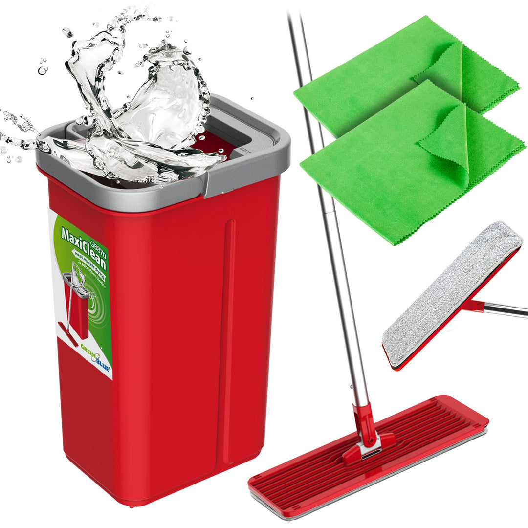 Mop płaski z wiadrem i wyciskaczem GreenBlue, dwa wkłady microfibra HQ, pojemność 5,7L, MaxiClean, + 2 ścierki z mikrofibry, GB870 S