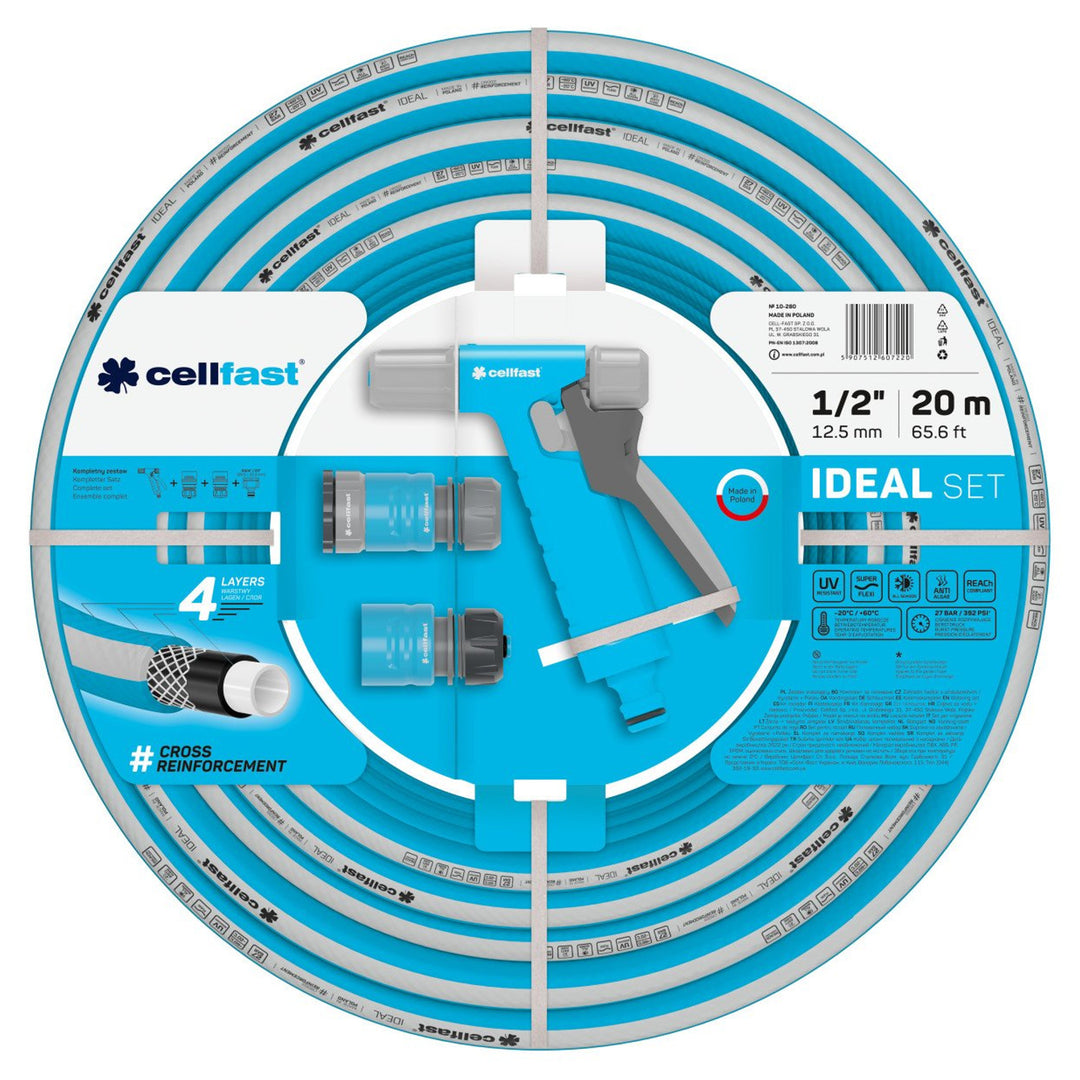 Zestaw zraszający CELLFAST IDEAL 10-280 - wąż 1/2" 20m, zraszacz pistoletowy HYDRON i złączki