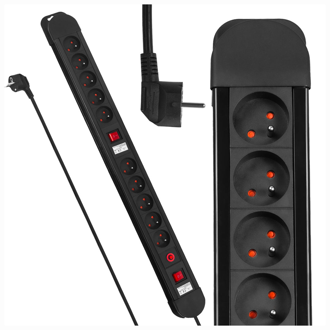 Listwa zasilająca Maclean, przedłużacz 10 gniazd, 2 włącznikami, zabezpieczenie i sygnalizacja przeciążenia, 3680W, MCE10