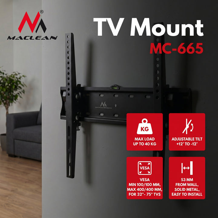 Uchwyt do telewizora Maclean, max VESA 400x400, 32-75", do 40kg, czarny, MC-665