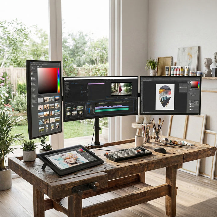 Uchwyt biurkowy na 3 monitory LCD Maclean, podwójne ramiona, VESA 75x75 oraz 100x100, 13"-27", 8kg, MC-691