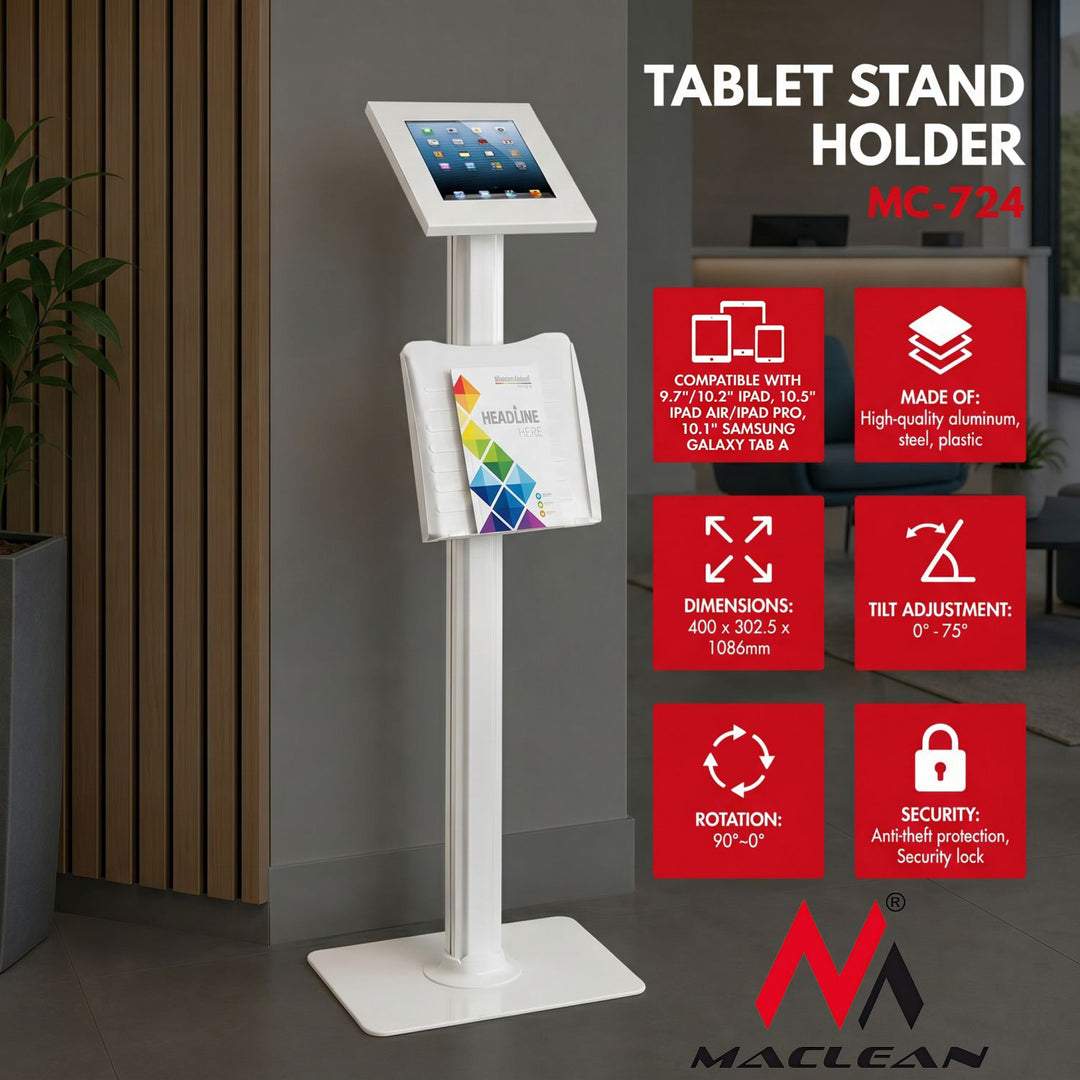Stojak uchwyt reklamowy do tabletu Maclean, podłogowy z blokadą, 9.7”/10.2” iPad, 10.5” iPad Air/iPad Pro, 10.1" Samsung Galaxy Tab A (2019), MC-724