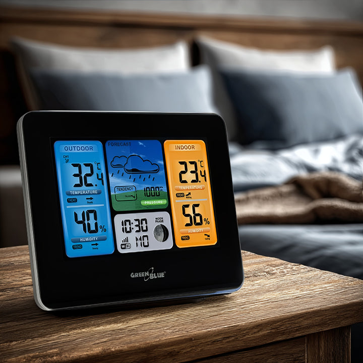 Stacja pogody bezprzewodowa GreenBlue, kolorowa, WiFi, fazy księżyca, GB522