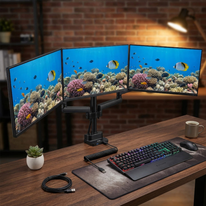Uchwyt biurkowy na 3 monitory LCD Maclean, VESA 75x75 oraz 100x100, 2x USB 3.0, 17-27", 3x7kg, MC-811