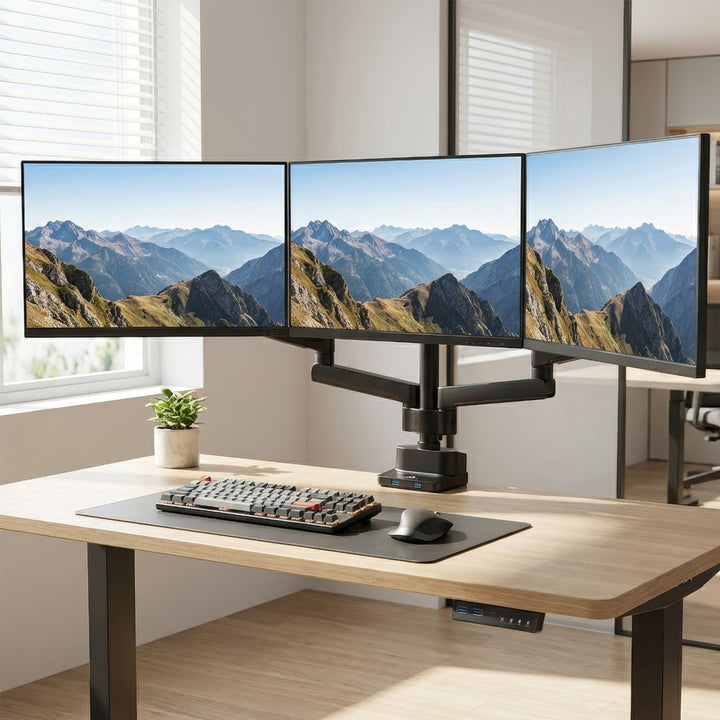 Uchwyt biurkowy na 3 monitory LCD Maclean, VESA 75x75 oraz 100x100, 2x USB 3.0, 17-27", 3x7kg, MC-811