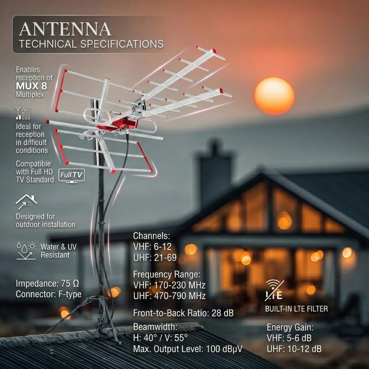 Antena zewnętrzna TV DVB-T/T2 HEVC Combo UHF VHF pasywna max 100dBµV Maclean MCTV-855 filtr Lte