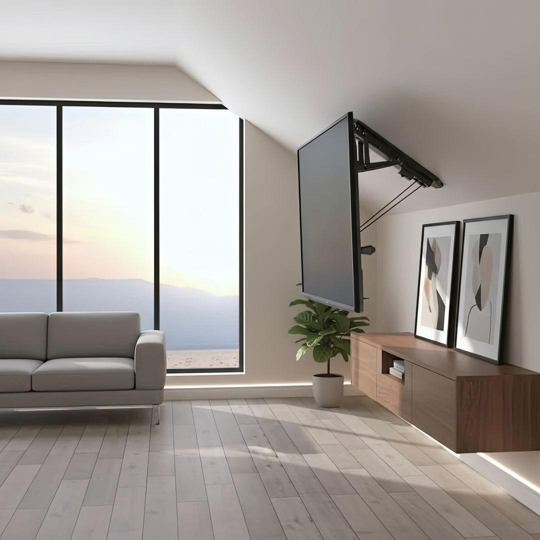 Uchwyt do TV elektryczny sufitowy, do pochyłych ścian 32"-70" 35kg max pilot Maclean MC-880 max VESA 600x411