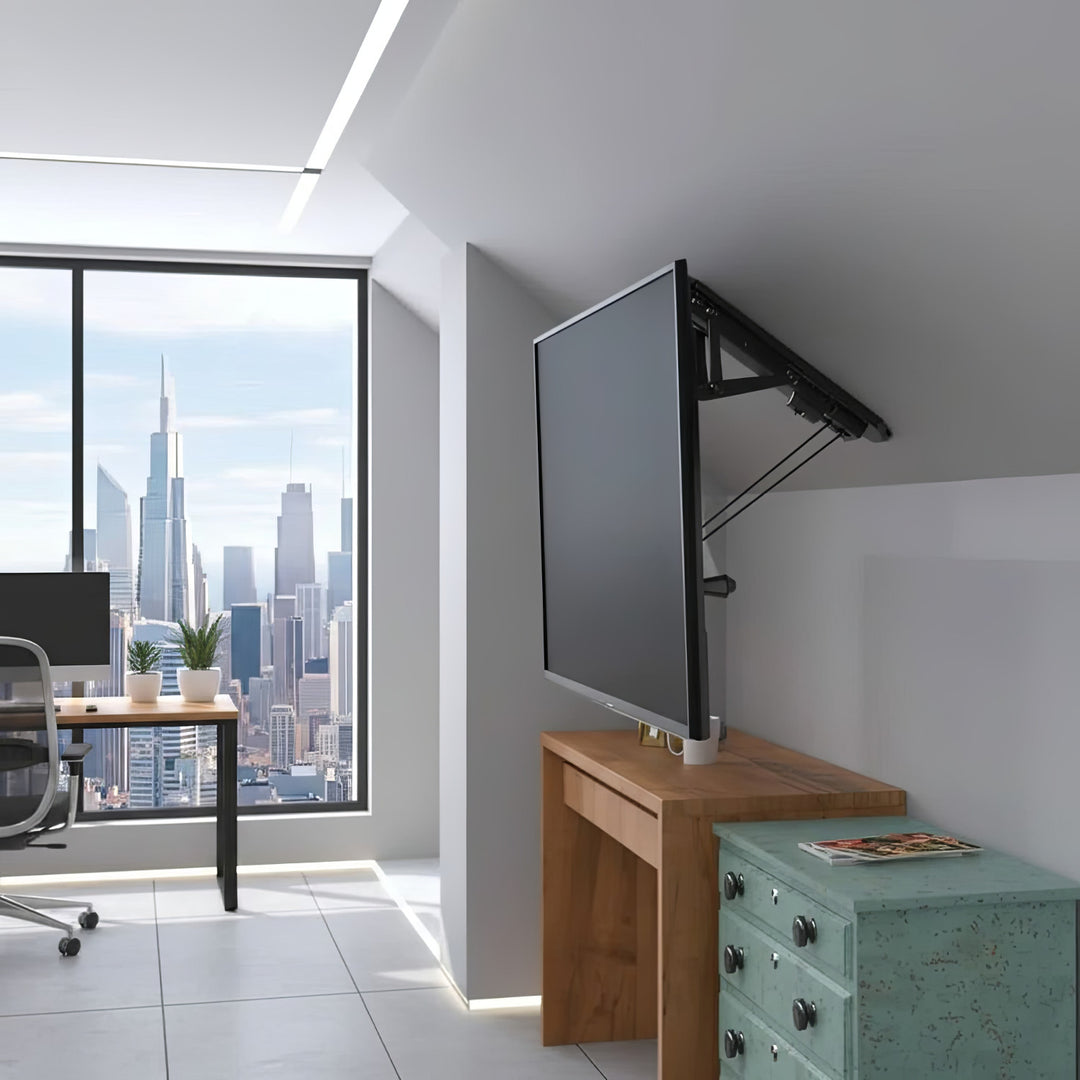 Uchwyt do TV elektryczny sufitowy, do pochyłych ścian 32"-70" 35kg max pilot Maclean MC-880 max VESA 600x411