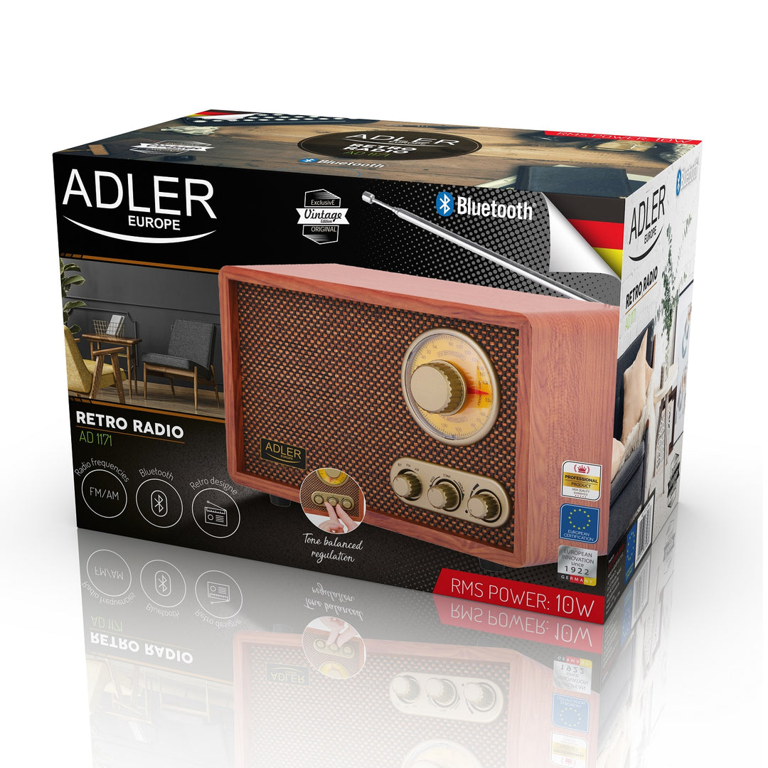 Radio FM AM retro z Bluetooth Adler AD 1171 z drewnianą obudową