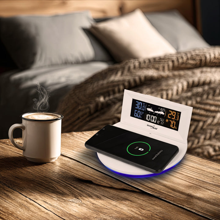 Bezprzewodowa stacja pogody z ładowarką bezprzewodową/indukcyjna GreenBlue, zegar, alarm, kalendarz, czujnik zewnętrzy, GB213