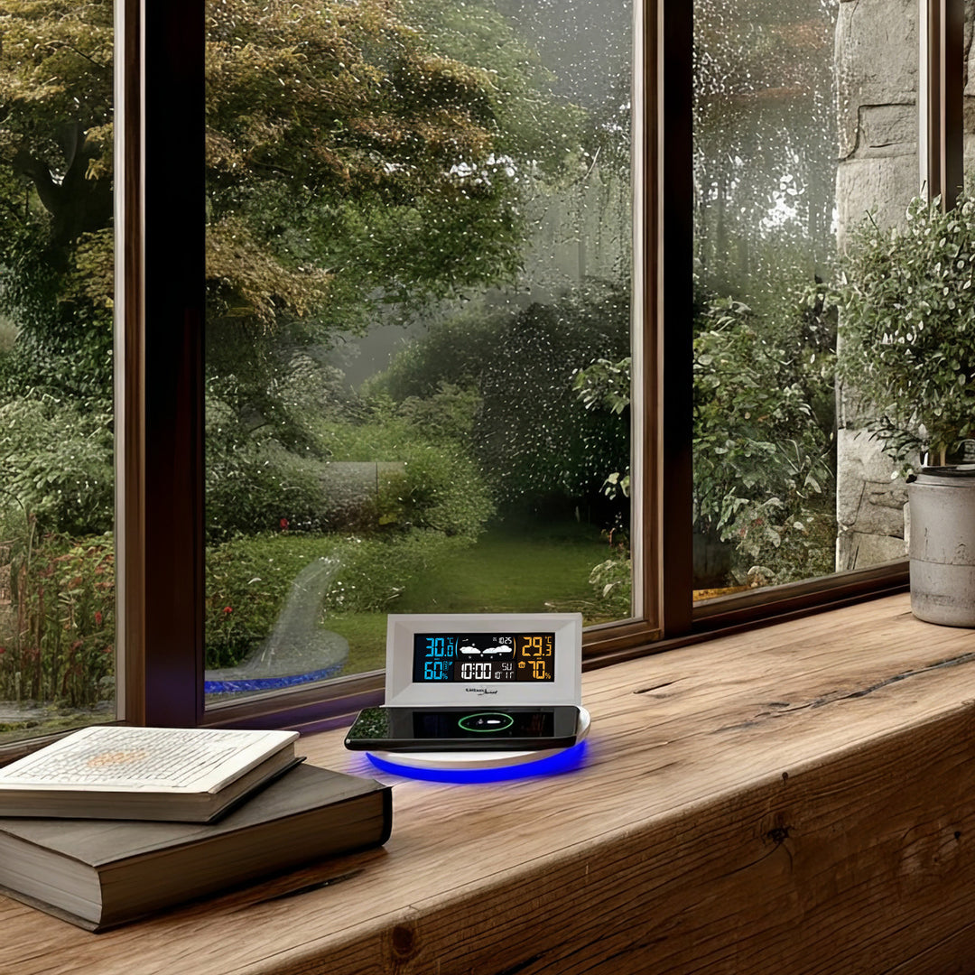 Bezprzewodowa stacja pogody z ładowarką bezprzewodową/indukcyjna GreenBlue, zegar, alarm, kalendarz, czujnik zewnętrzy, GB213