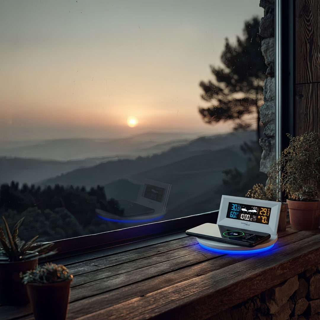 Bezprzewodowa stacja pogody z ładowarką bezprzewodową/indukcyjna GreenBlue, zegar, alarm, kalendarz, czujnik zewnętrzy, GB213