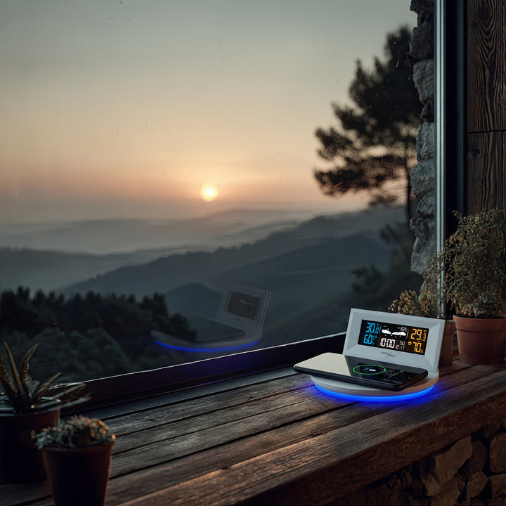 Bezprzewodowa stacja pogody z ładowarką bezprzewodową/indukcyjna GreenBlue, zegar, alarm, kalendarz, czujnik zewnętrzy, GB213