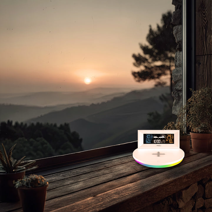 Bezprzewodowa stacja pogody z ładowarką bezprzewodową/indukcyjna GreenBlue, zegar, alarm, kalendarz, czujnik zewnętrzy, GB213