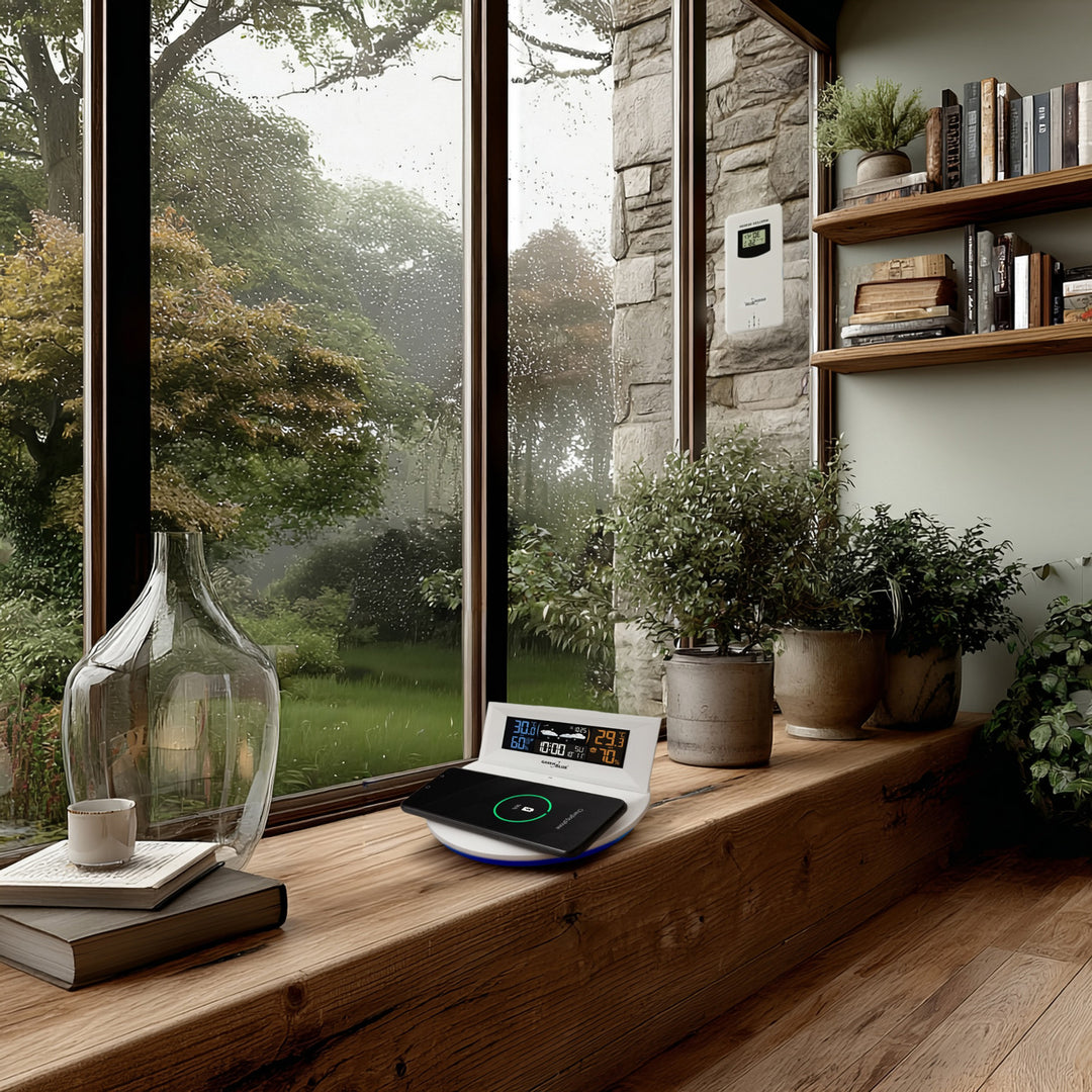 Bezprzewodowa stacja pogody z ładowarką bezprzewodową/indukcyjna GreenBlue, zegar, alarm, kalendarz, czujnik zewnętrzy, GB213