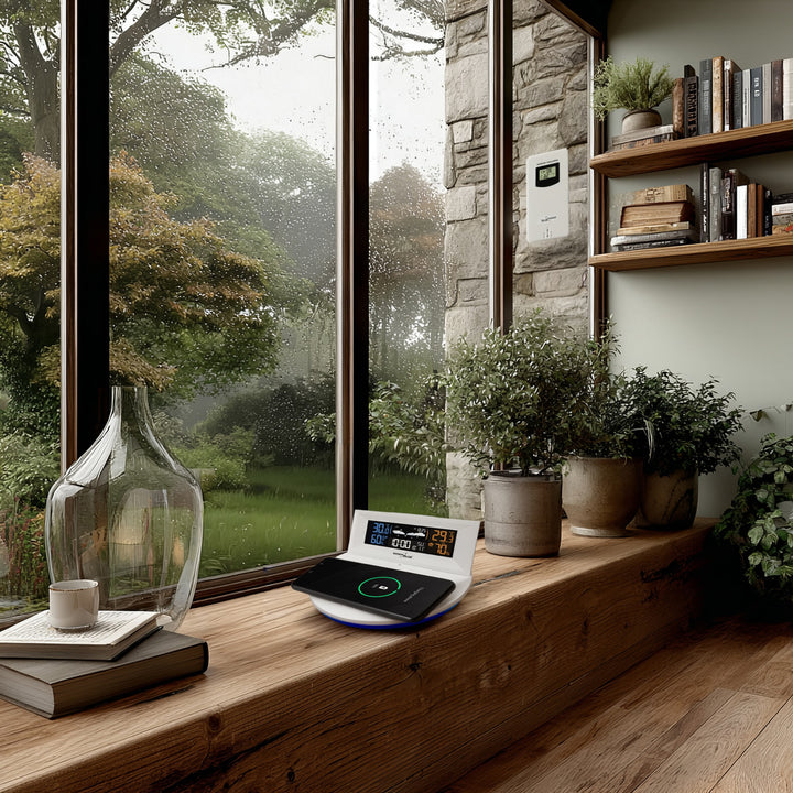 Bezprzewodowa stacja pogody z ładowarką bezprzewodową/indukcyjna GreenBlue, zegar, alarm, kalendarz, czujnik zewnętrzy, GB213