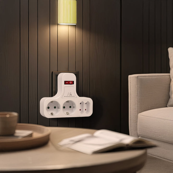 Gniazdko prądowe Maclean, Poczwórne z wyłącznikiem, Nóżką stabilizującą, Typu schuko, 2x2.5A, 2x16A, MCE224