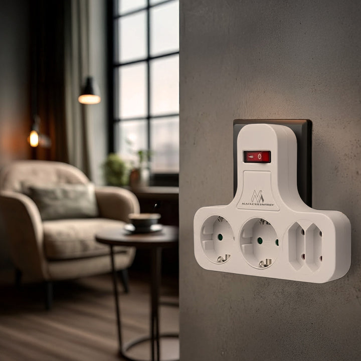 Gniazdko prądowe Maclean, Poczwórne z wyłącznikiem, Nóżką stabilizującą, Typu schuko, 2x2.5A, 2x16A, MCE224