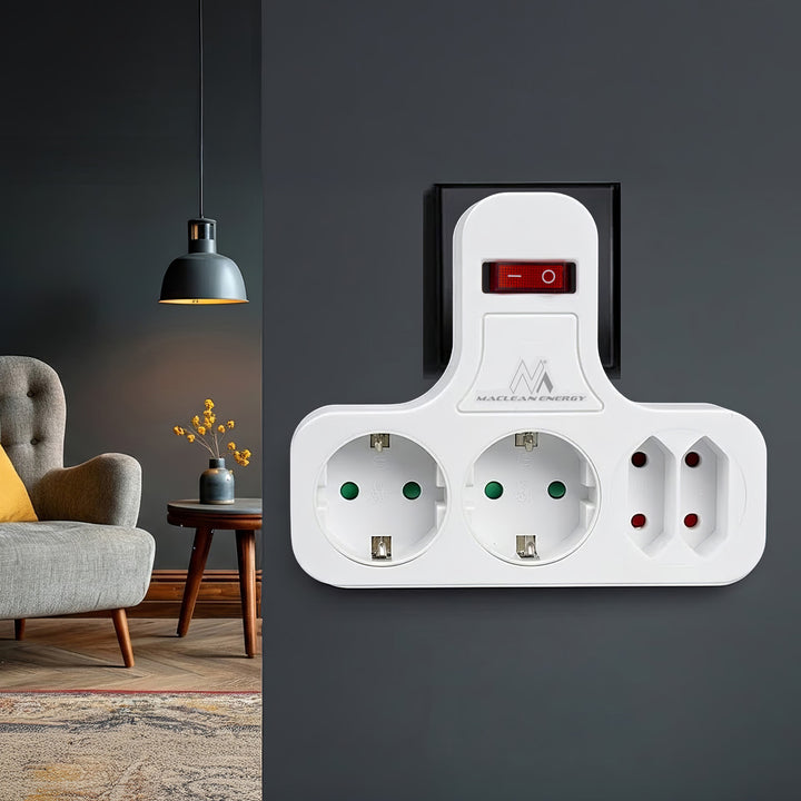 Gniazdko prądowe Maclean, Poczwórne z wyłącznikiem, Nóżką stabilizującą, Typu schuko, 2x2.5A, 2x16A, MCE224