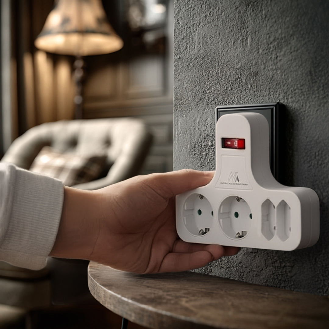 Gniazdko prądowe Maclean, Poczwórne z wyłącznikiem, Nóżką stabilizującą, Typu schuko, 2x2.5A, 2x16A, MCE224