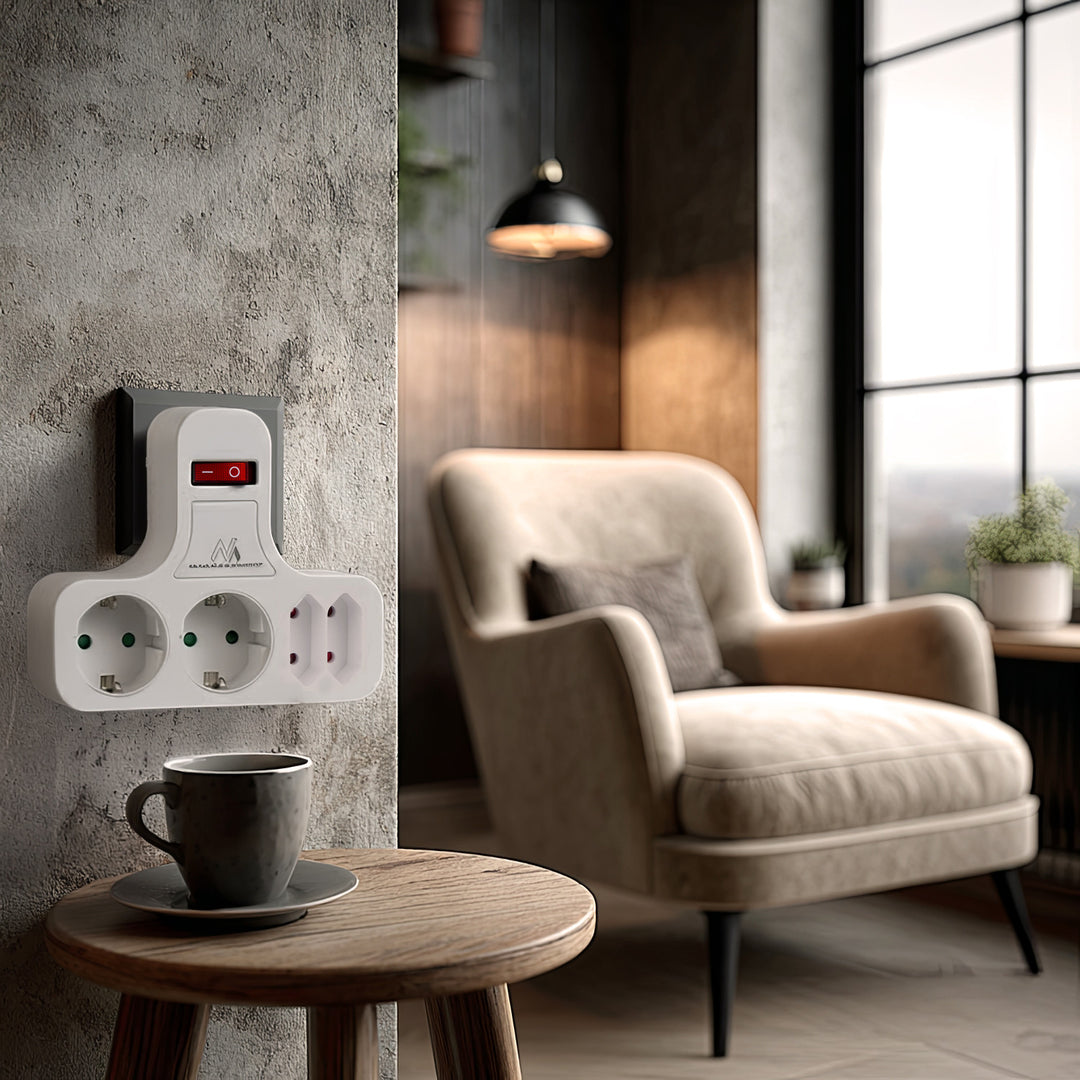 Gniazdko prądowe Maclean, Poczwórne z wyłącznikiem, Nóżką stabilizującą, Typu schuko, 2x2.5A, 2x16A, MCE224