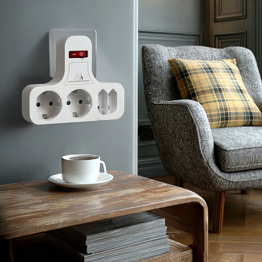 Gniazdko prądowe Maclean, Poczwórne z wyłącznikiem, Nóżką stabilizującą, Typu schuko, 2x2.5A, 2x16A, MCE224