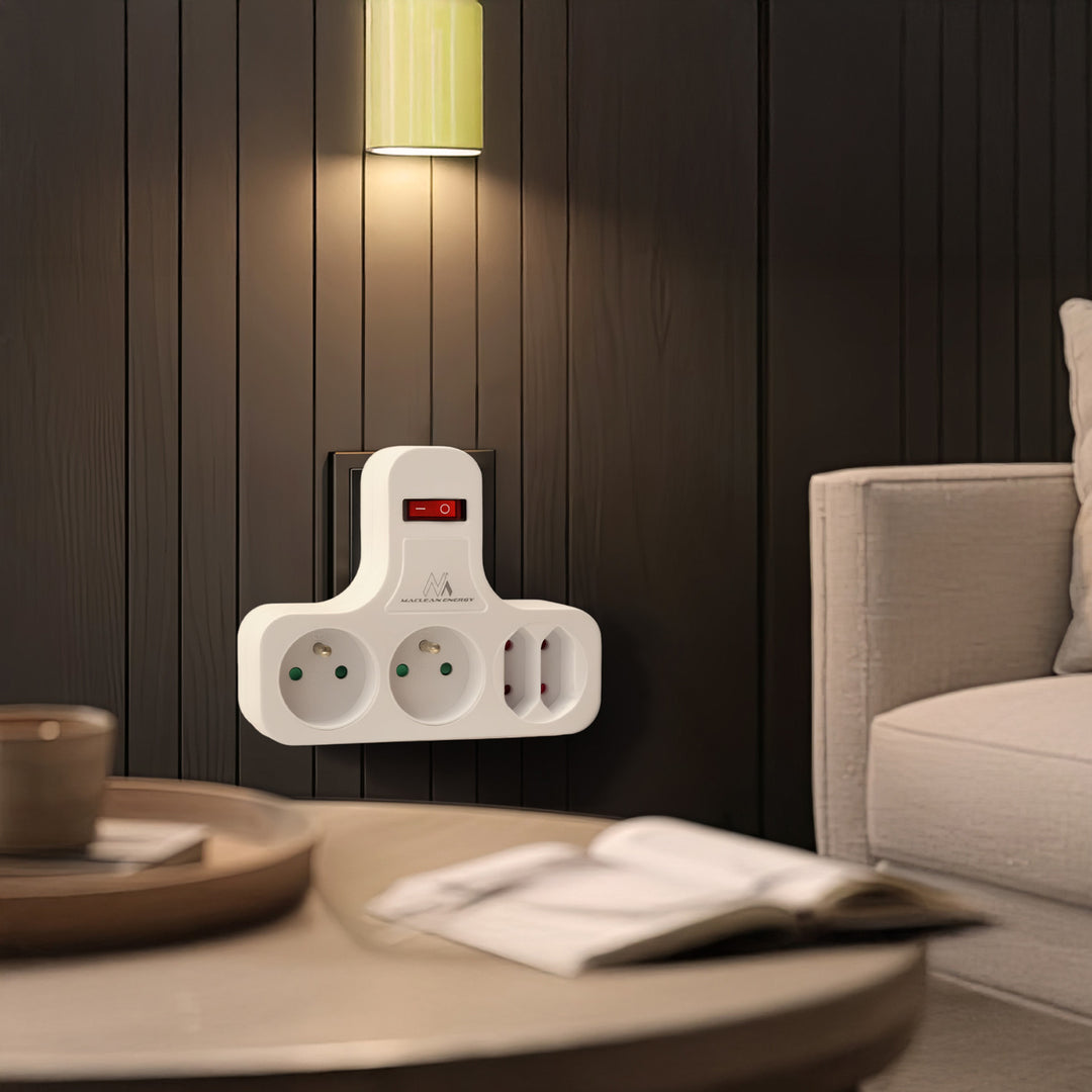 Gniazdko prądowe Maclean, Poczwórne z wyłącznikiem, Nóżką stabilizującą, Typu E, 2x2,5A, 2x16A, MCE224