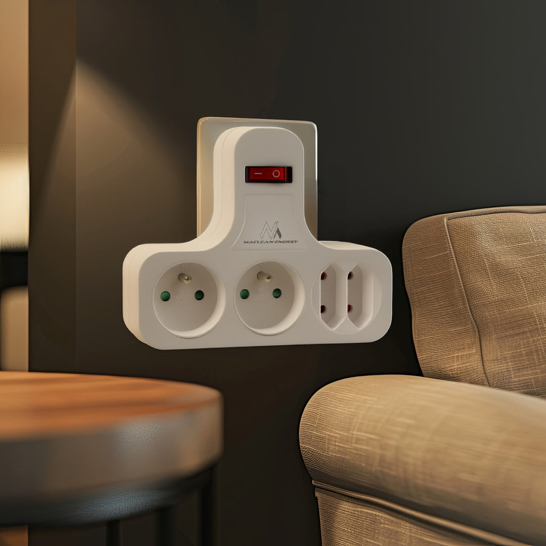 Gniazdko prądowe Maclean, Poczwórne z wyłącznikiem, Nóżką stabilizującą, Typu E, 2x2,5A, 2x16A, MCE224