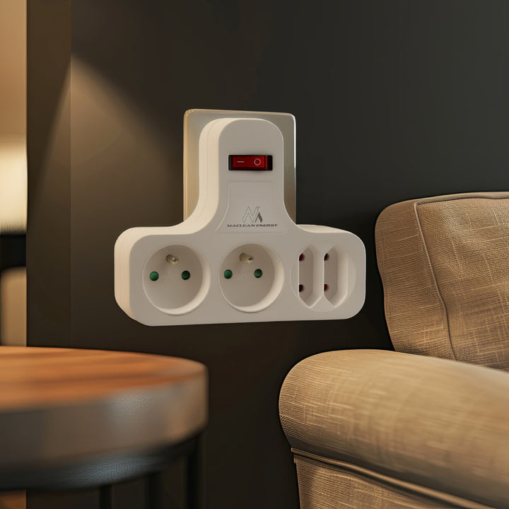 Gniazdko prądowe Maclean, Poczwórne z wyłącznikiem, Nóżką stabilizującą, Typu E, 2x2,5A, 2x16A, MCE224