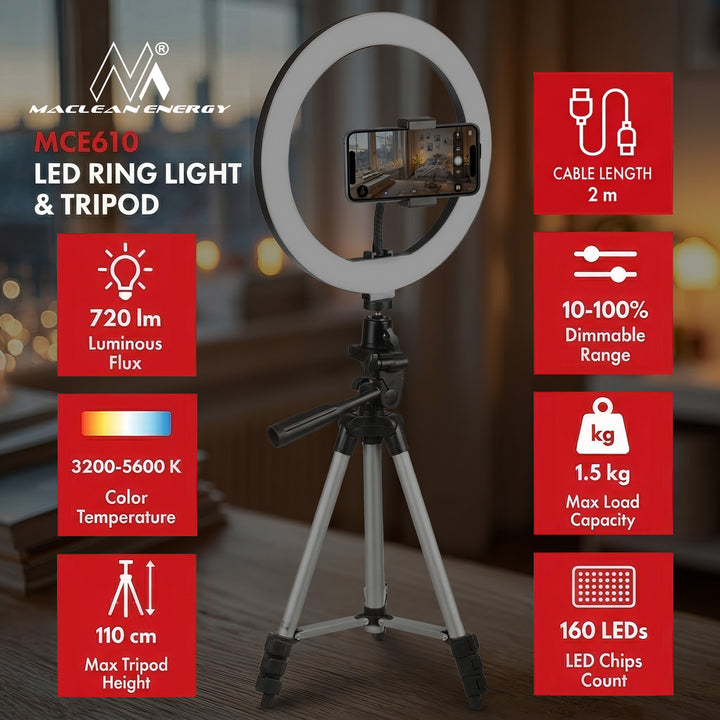 Lampa pierścieniowa 10" LED 12W ze statywem 1,1m  Maclean Energy MCE610, samowyzwalacz bluetooth, możliwość zmiany barwy 3200K-5600K oraz jasności 10-100%