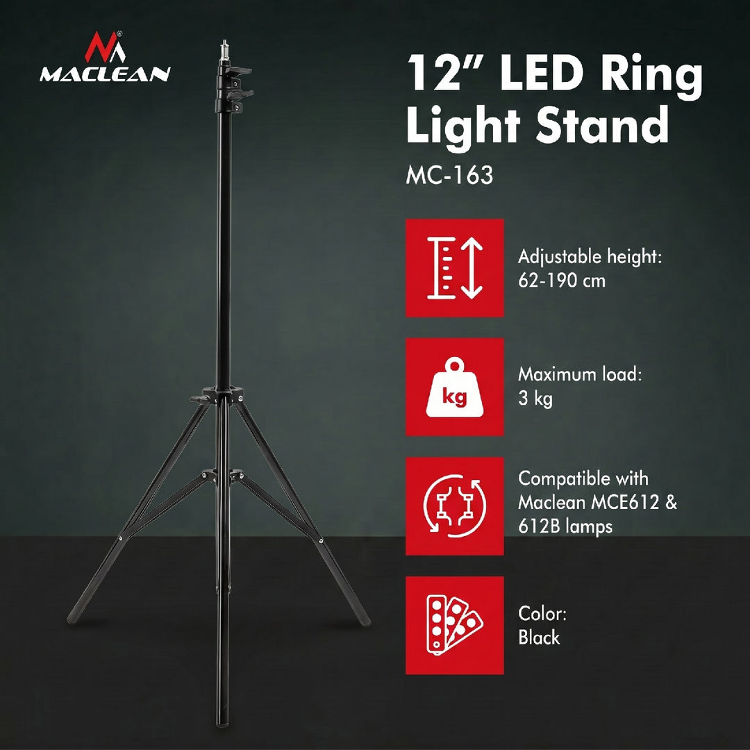 Statyw do lampy pierścieniowej LED 12" Maclean MC-163, max. wysokość 190cm, max. obciążenie 3kg