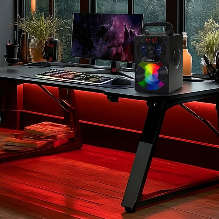 Przenośny głośnik bluetooth / radio / SD / MMC / aux-in / USB / oświetlenie / pilot / antena teleskopowa / złącze mikrofonu