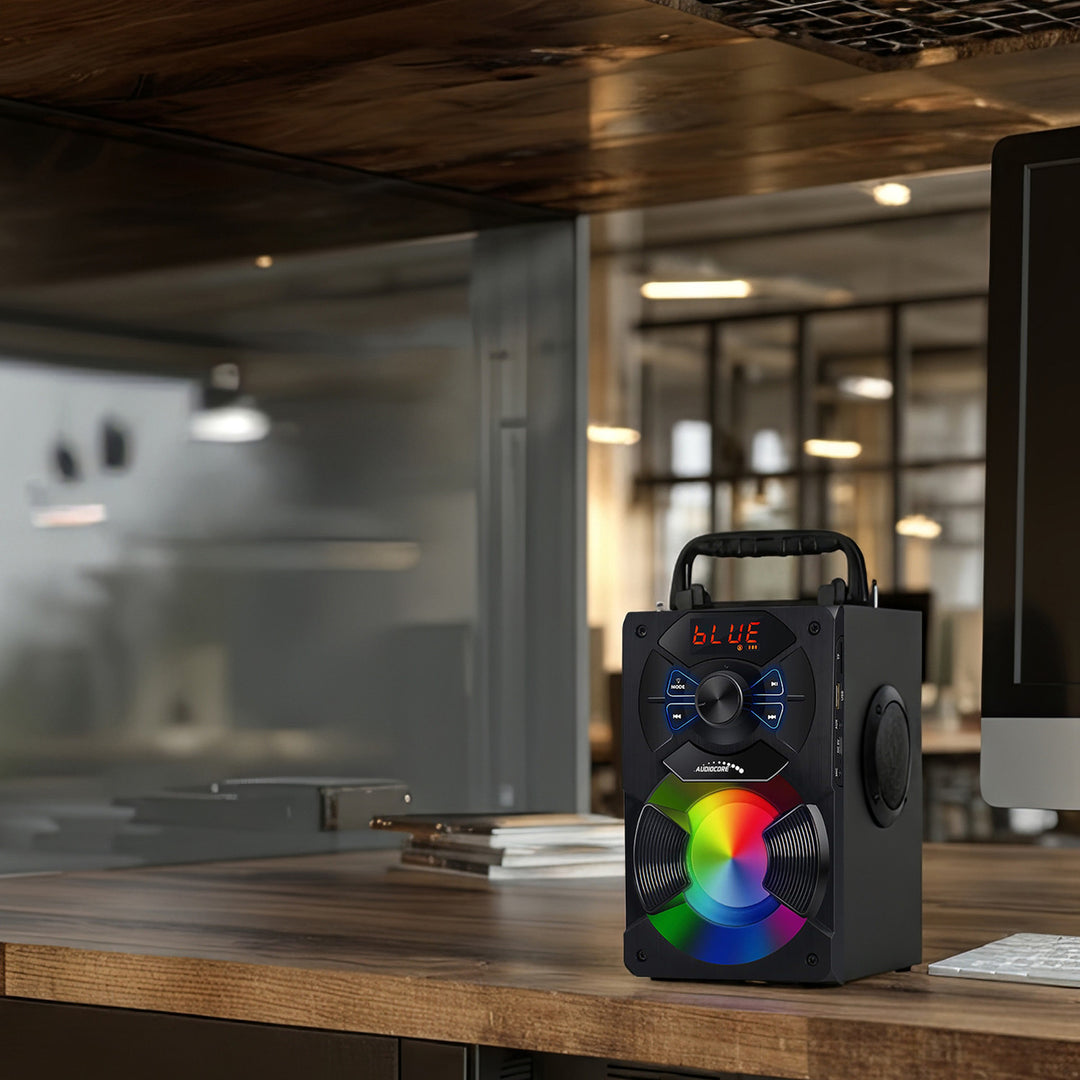 Przenośny głośnik bluetooth / radio / SD / MMC / aux-in / USB / oświetlenie / pilot / antena teleskopowa / złącze mikrofonu