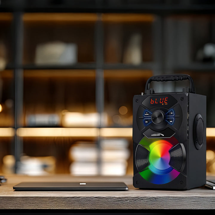 Przenośny głośnik bluetooth / radio / SD / MMC / aux-in / USB / oświetlenie / pilot / antena teleskopowa / złącze mikrofonu