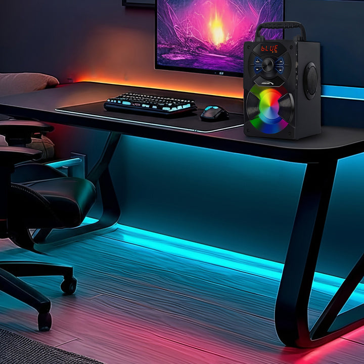 Przenośny głośnik bluetooth / radio / SD / MMC / aux-in / USB / oświetlenie / pilot / antena teleskopowa / złącze mikrofonu