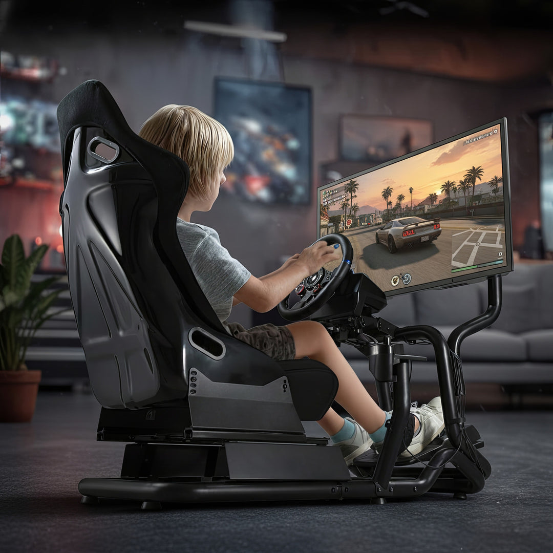 Symulator Wyścigów Kokpit 3 w 1 Fotelik do 130kg Uchwyt dźwigni zmiany biegów Stojak na kierownicę Uchwyt TV do 50" Max. Vesa 400x200 ...