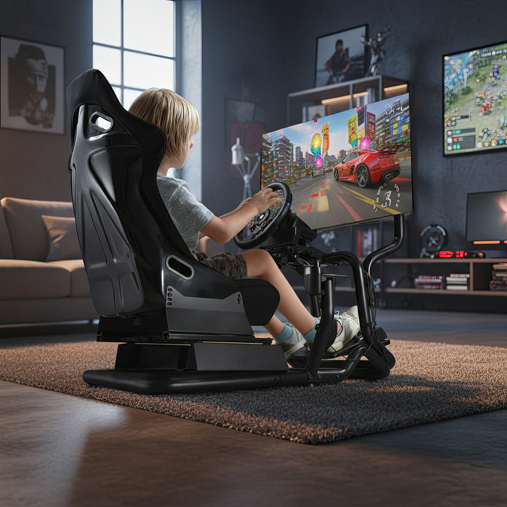 Symulator Wyścigów Kokpit 3 w 1 Fotelik do 130kg Uchwyt dźwigni zmiany biegów Stojak na kierownicę Uchwyt TV do 50" Max. Vesa 400x200 ...