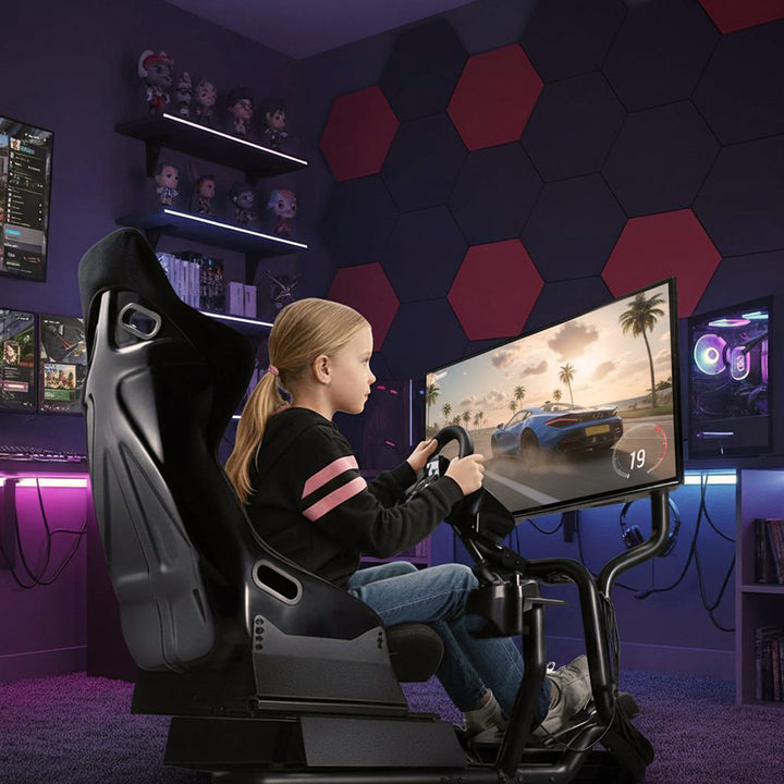 Symulator Wyścigów Kokpit 3 w 1 Fotelik do 130kg Uchwyt dźwigni zmiany biegów Stojak na kierownicę Uchwyt TV do 50" Max. Vesa 400x200 ...