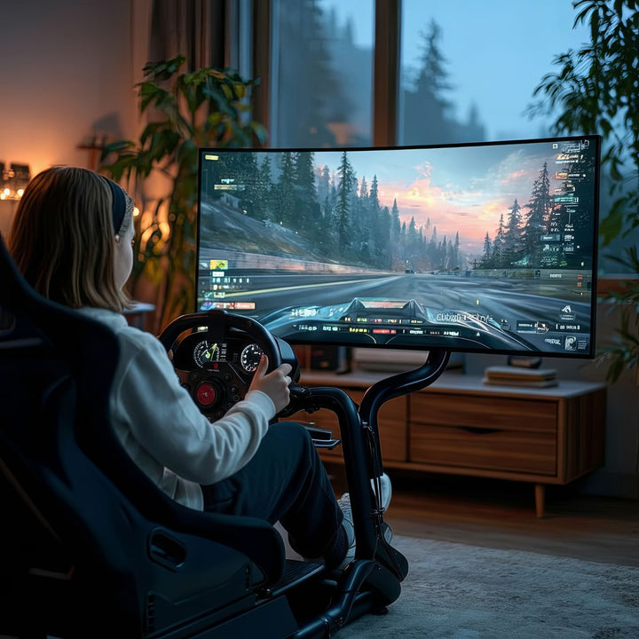 Symulator Wyścigów Kokpit 3 w 1 Fotelik do 130kg Uchwyt dźwigni zmiany biegów Stojak na kierownicę Uchwyt TV do 50" Max. Vesa 400x200 ...