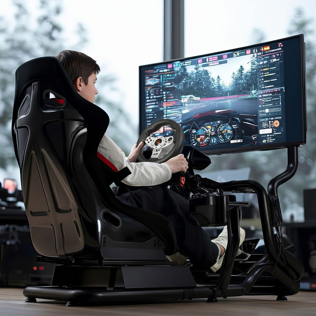 Symulator Wyścigów Kokpit 3 w 1 Fotelik do 130kg Uchwyt dźwigni zmiany biegów Stojak na kierownicę Uchwyt TV do 50" Max. Vesa 400x200 ...