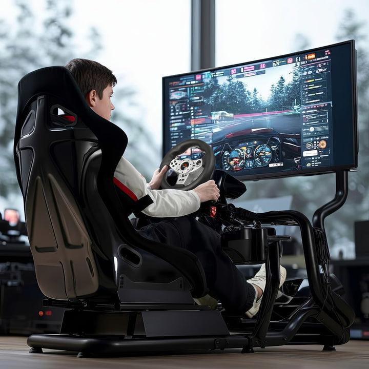 Symulator Wyścigów Kokpit 3 w 1 Fotelik do 130kg Uchwyt dźwigni zmiany biegów Stojak na kierownicę Uchwyt TV do 50" Max. Vesa 400x200 ...