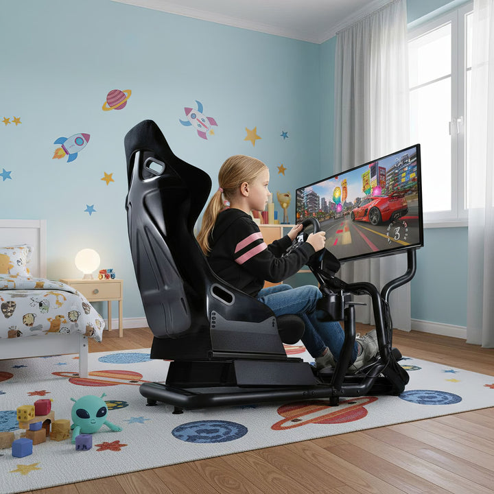 Symulator Wyścigów Kokpit 3 w 1 Fotelik do 130kg Uchwyt dźwigni zmiany biegów Stojak na kierownicę Uchwyt TV do 50" Max. Vesa 400x200 ...