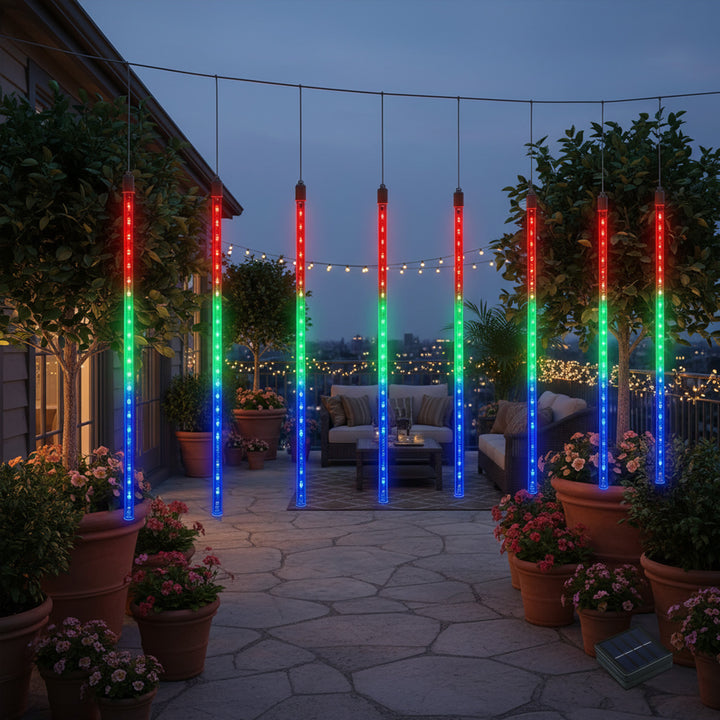 Solarne lampki LED Maclean, 2,4m długościi, 144 diody LED, 8 sopli RGB, tryb opadających sopli, bateria Li 800mAh, MCE412