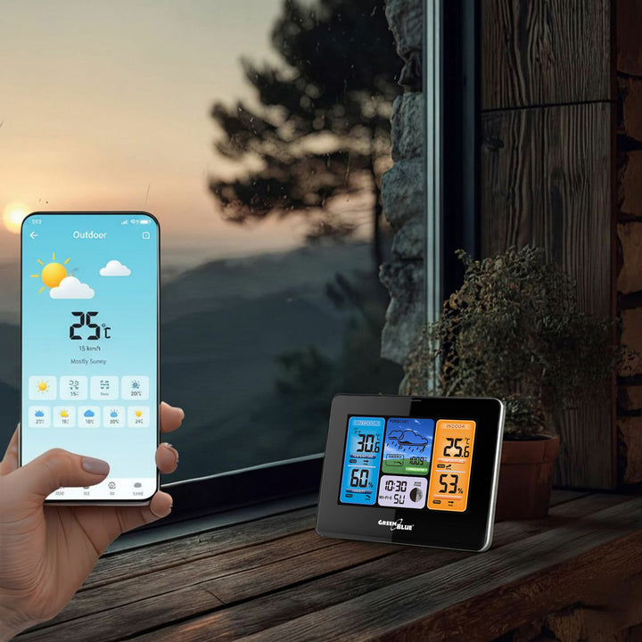 Stacja pogodowa WiFi GreenBlue, zgodna z TUYA, czujnik zewnętrzny, kalendarz, prognoza pogody, barometr, GB215