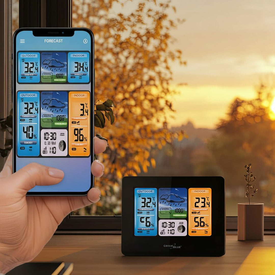 Stacja pogodowa WiFi GreenBlue, zgodna z TUYA, czujnik zewnętrzny, kalendarz, prognoza pogody, barometr, GB215