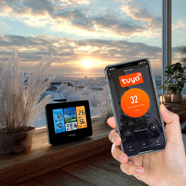 Stacja pogodowa WiFi GreenBlue, zgodna z TUYA, czujnik zewnętrzny, kalendarz, prognoza pogody, barometr, GB215
