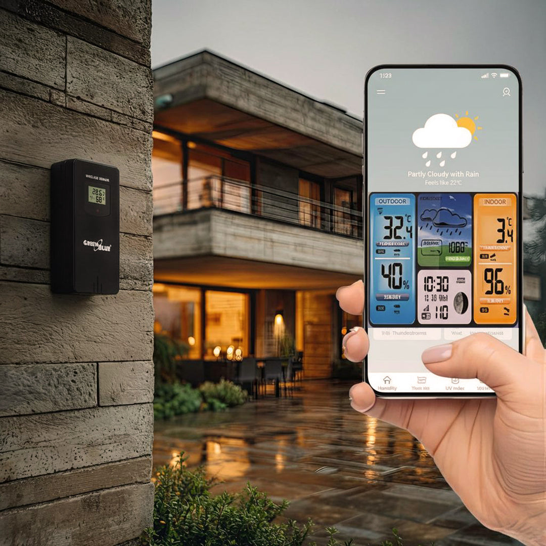 Stacja pogodowa WiFi GreenBlue, zgodna z TUYA, czujnik zewnętrzny, kalendarz, prognoza pogody, barometr, GB215