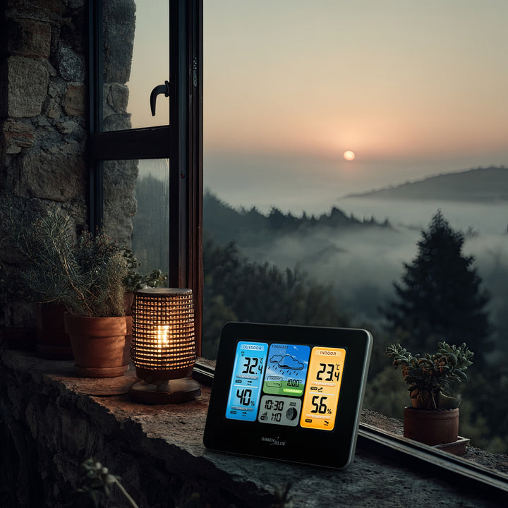 Stacja pogodowa WiFi GreenBlue, zgodna z TUYA, czujnik zewnętrzny, kalendarz, prognoza pogody, barometr, GB215